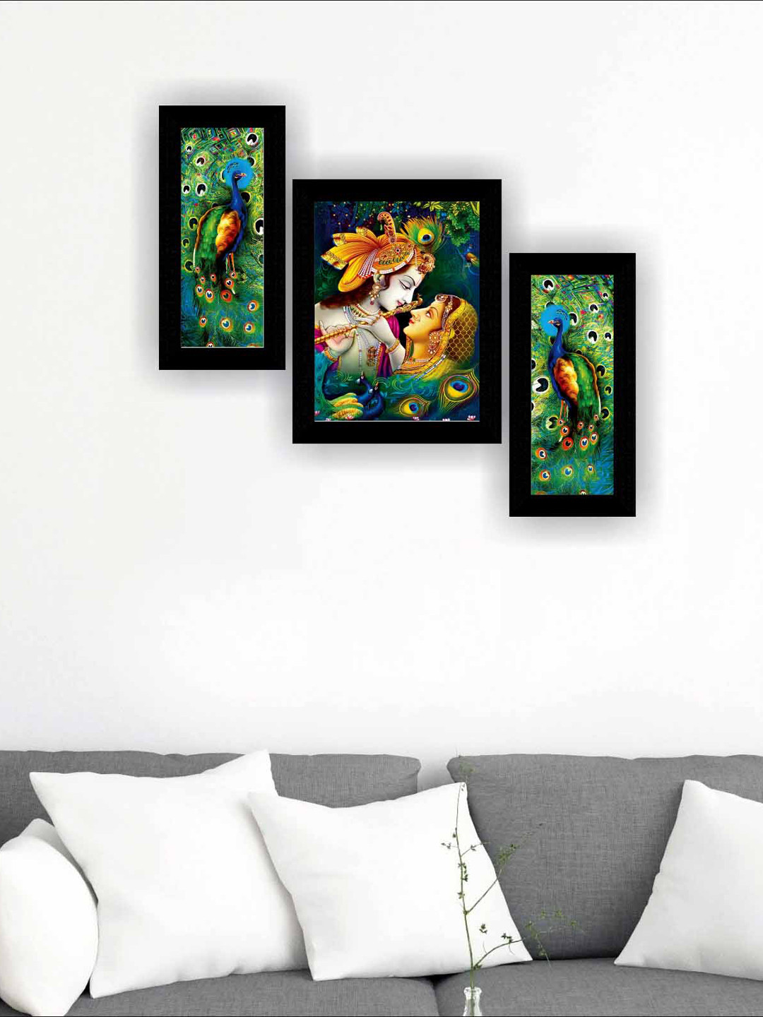 SAF Black & Green 3 Pieces Radha Krishna Modern Painting Framed Wall Art