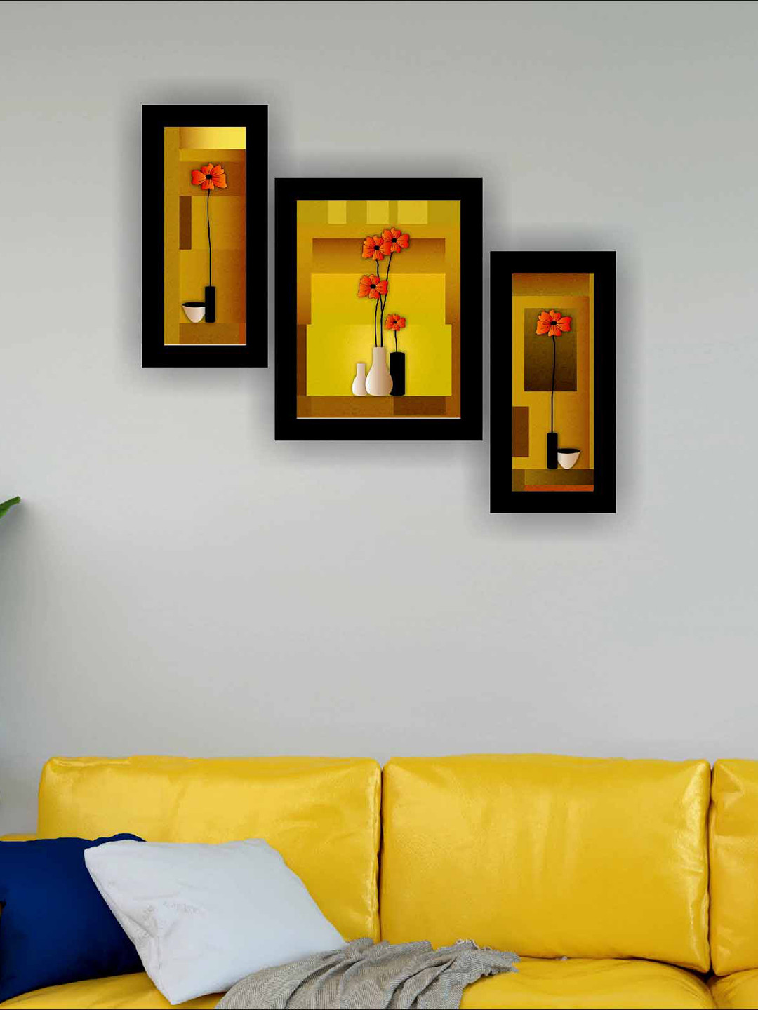 SAF Yellow & Orange Coloured 3 Pieces Flower Pot Modern Painting Wall Art