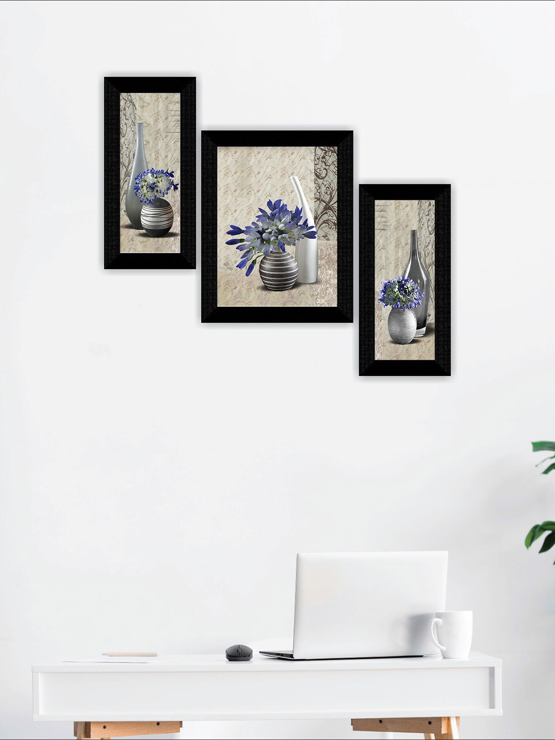 SAF Beige & Blue 3 Pieces Flowerpot Modern Art Framed Wall Painting