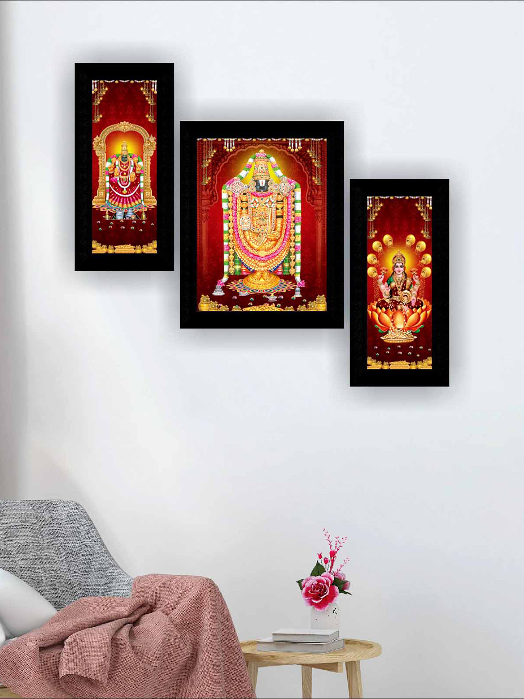 SAF Maroon & Gold Toned 3 Pieces Tirupati Balaji Modern Art Painting Wall Art