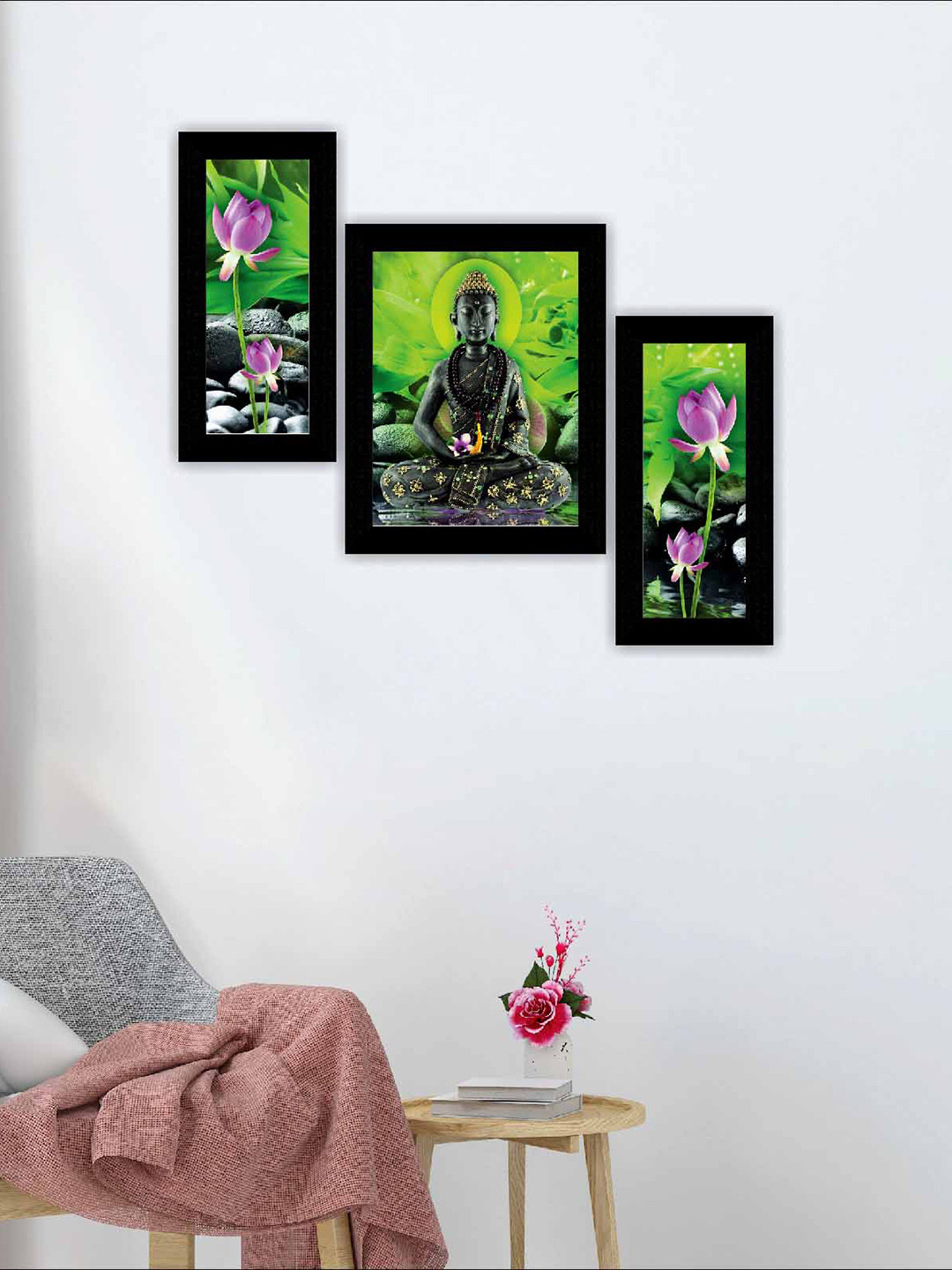 SAF Black & Green 3 Pieces Buddha Modern Art Framed Painting Wall Art