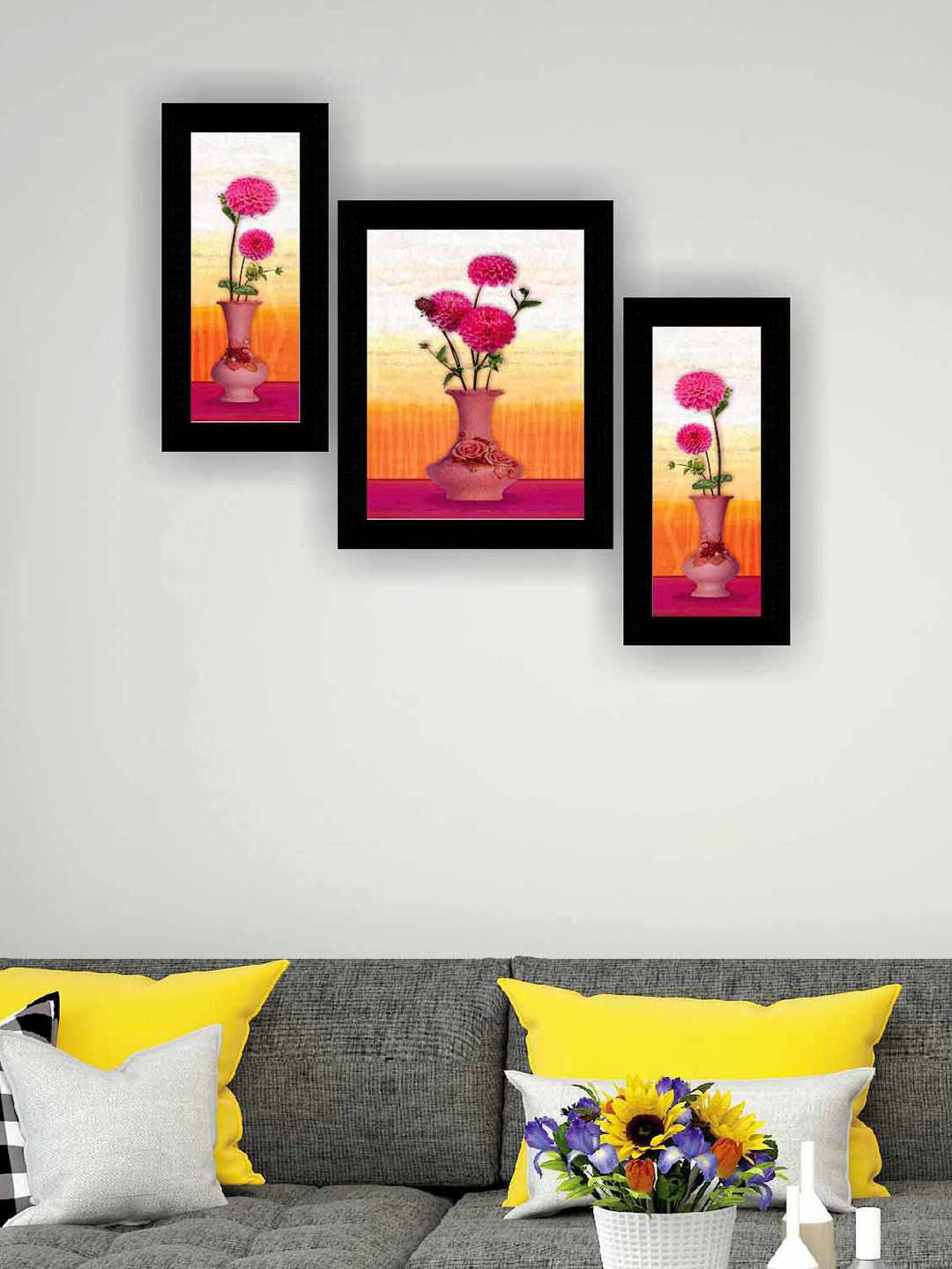 SAF Orange Coloured & Pink 3 Pieces Flower Pot Modern Wall Art Painting
