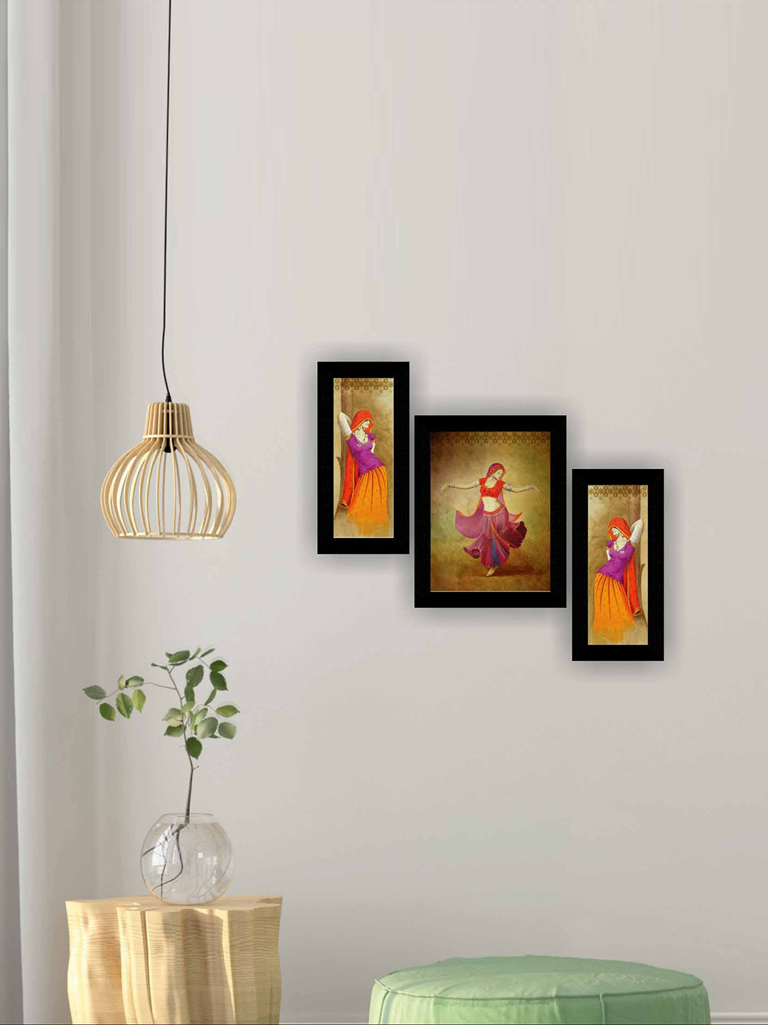 SAF Brown & Pink 3 Pieces Rajasthani Dancing Ladies Modern Art Painting Wall Art