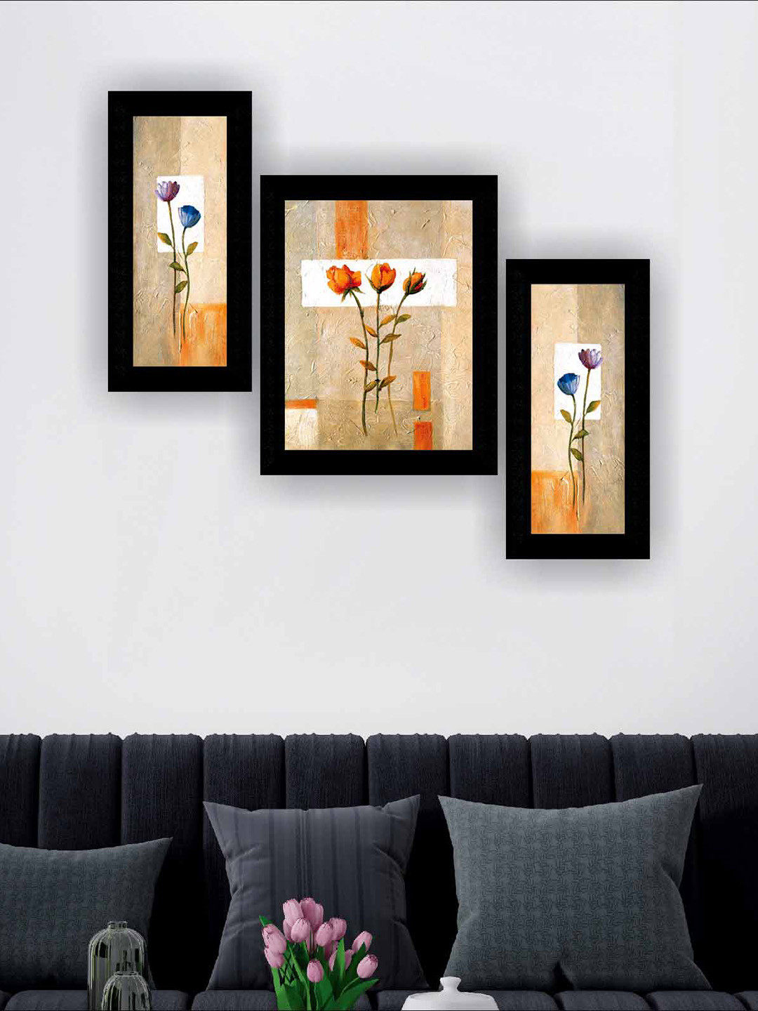 SAF Beige & Orange Coloured 3 Pieces Modern Painting Framed Wall Art