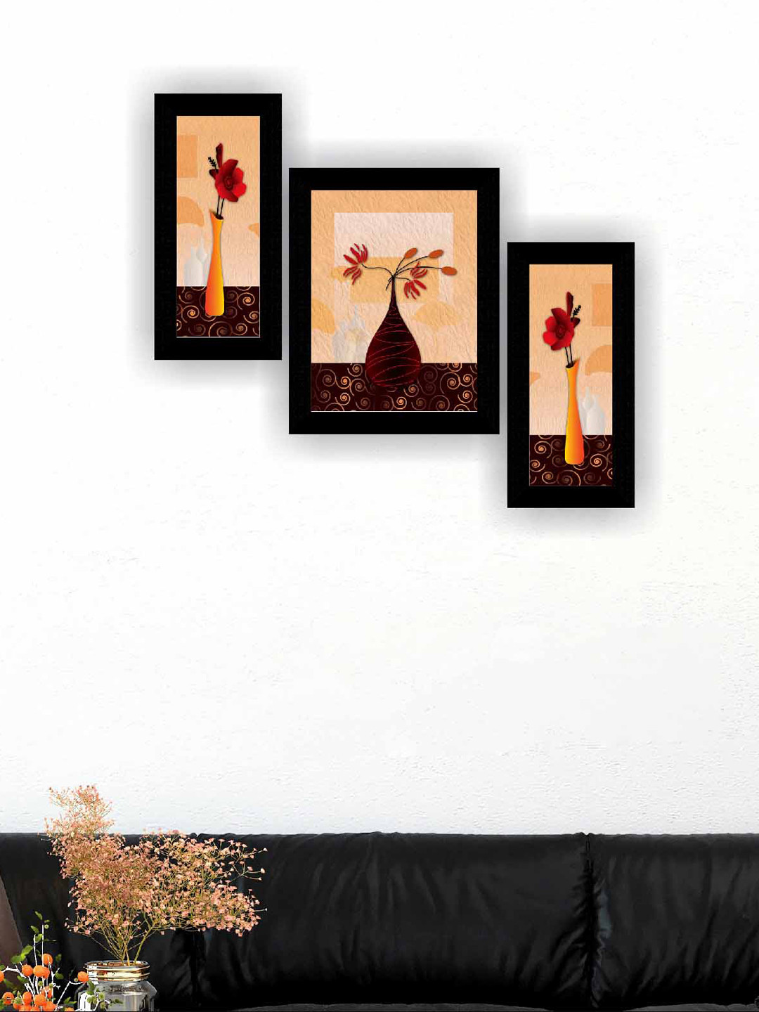SAF Brown & Orange 3 Pieces Flower Pot Modern Wall Art Painting