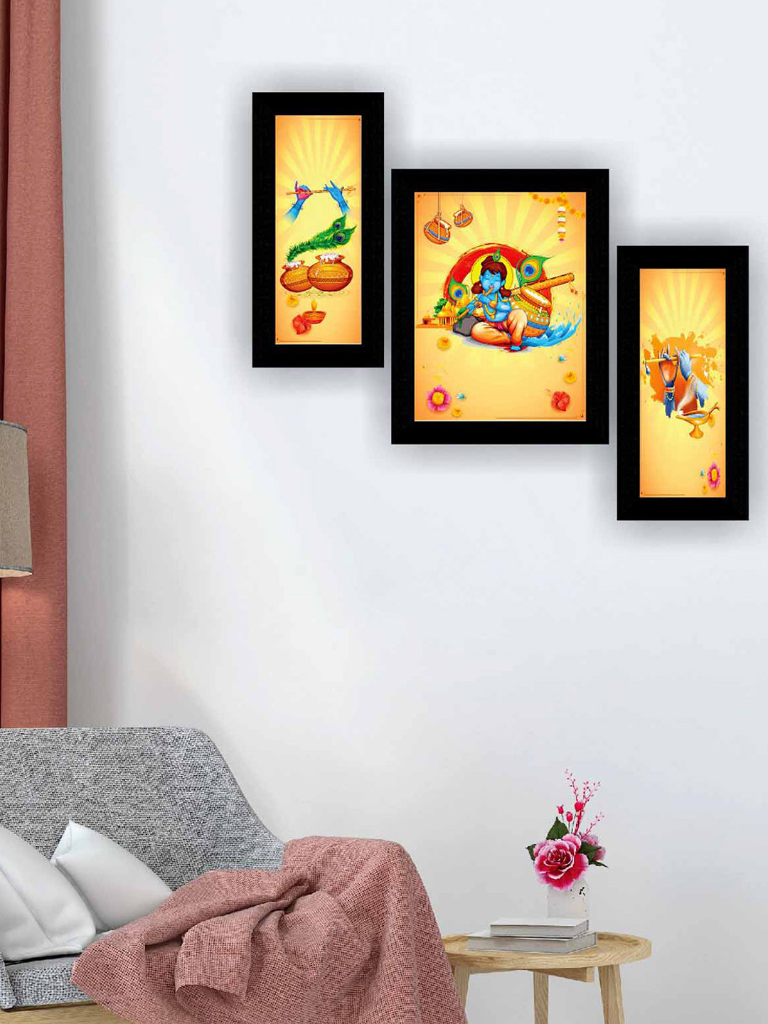 SAF Yellow & Blue 3 Pieces Kanha Ji Modern Painting Wall Art