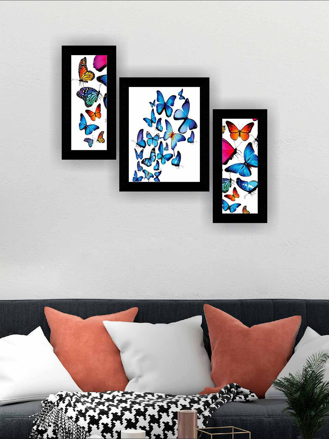SAF White & Blue 3 Pieces Modern Painting Framed Wall Art