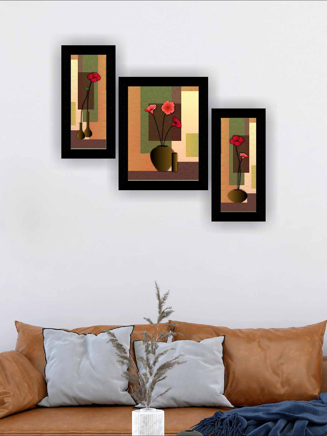 SAF Flower Pot Paper 3 Piece Wall Rectangle Paintings Wall Art
