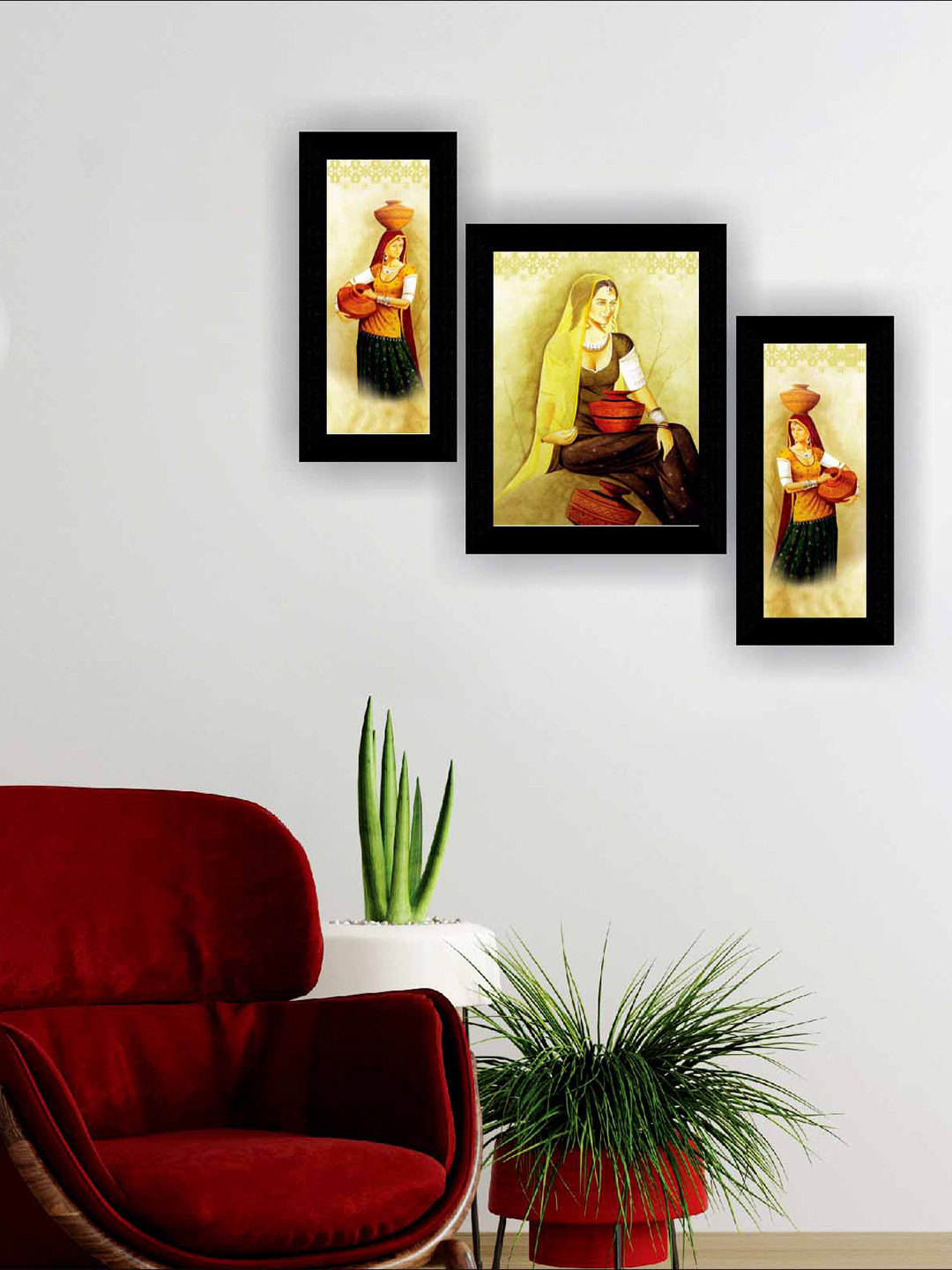 SAF Yellow & Red 3 Pieces Modern Art Design Self Adhesive Framed Wall Paintings