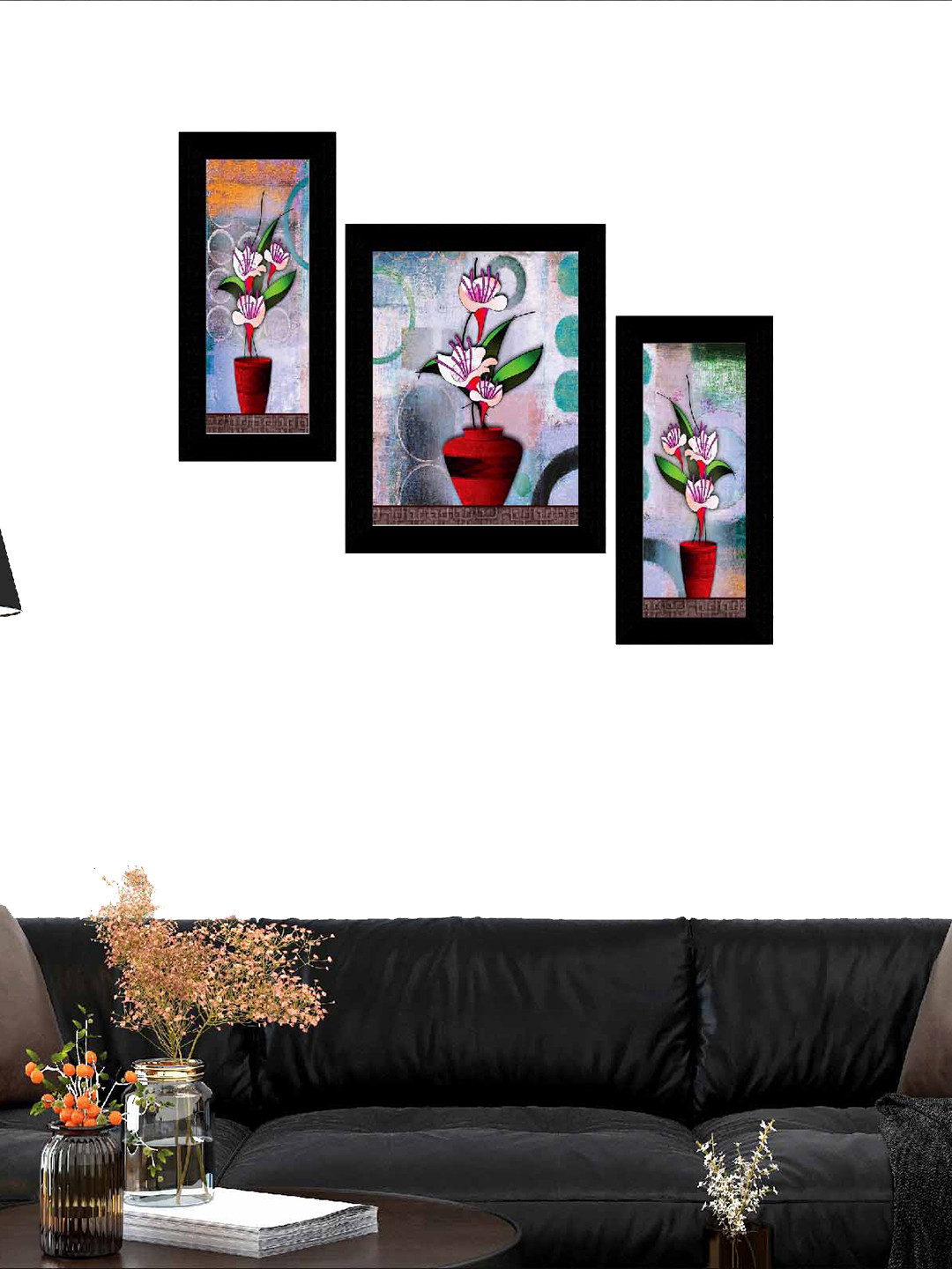 SAF Blue & Red 3 Pieces Flower Pot Modern Art Framed Painting Wall Art