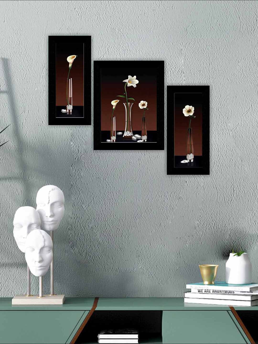 SAF Brown & Black 3 Pieces Flower Pot Painted Wall Arts