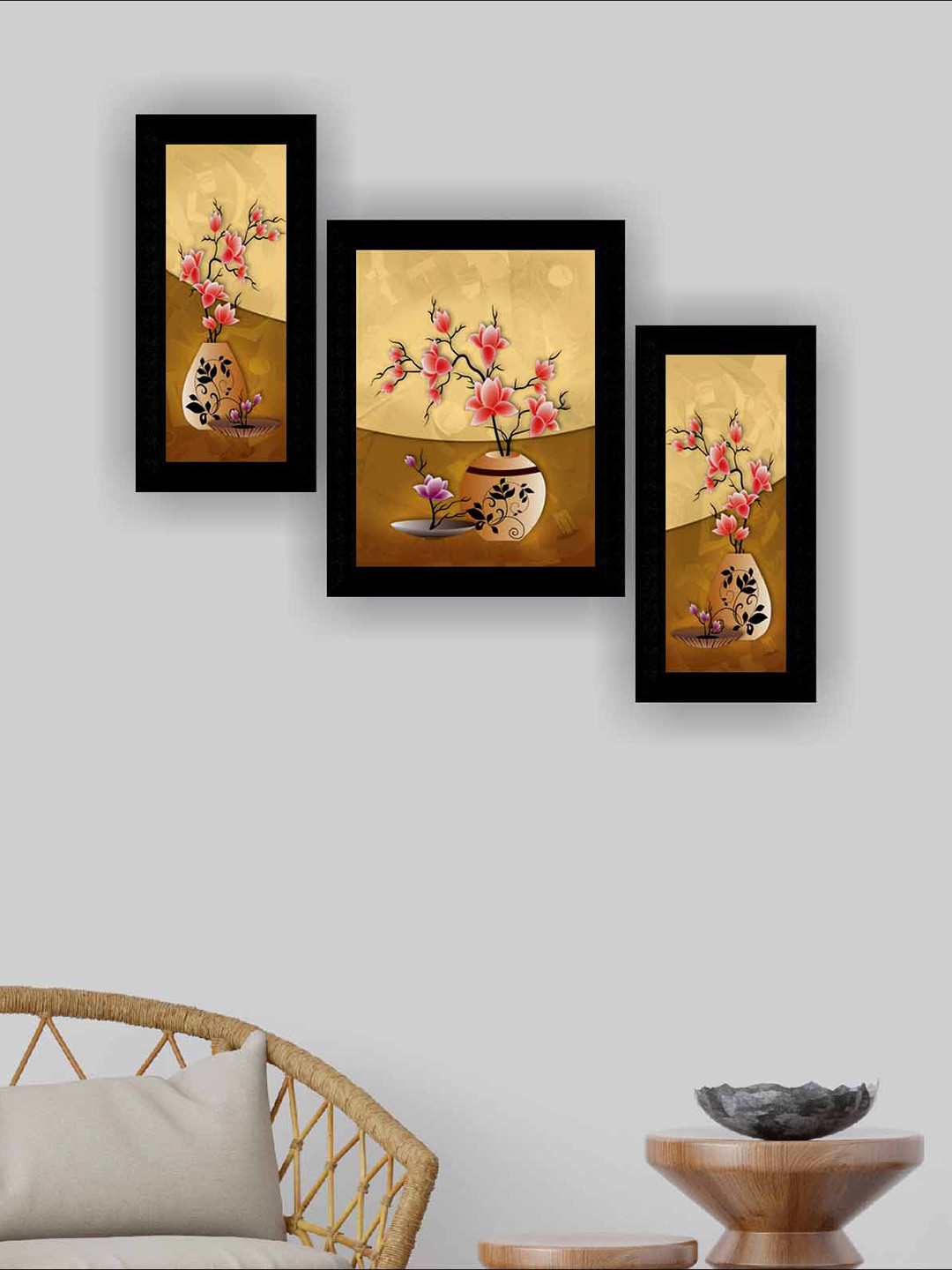 SAF Brown & Beige 3 Pieces Flower Pot Modern Wall Art Painting