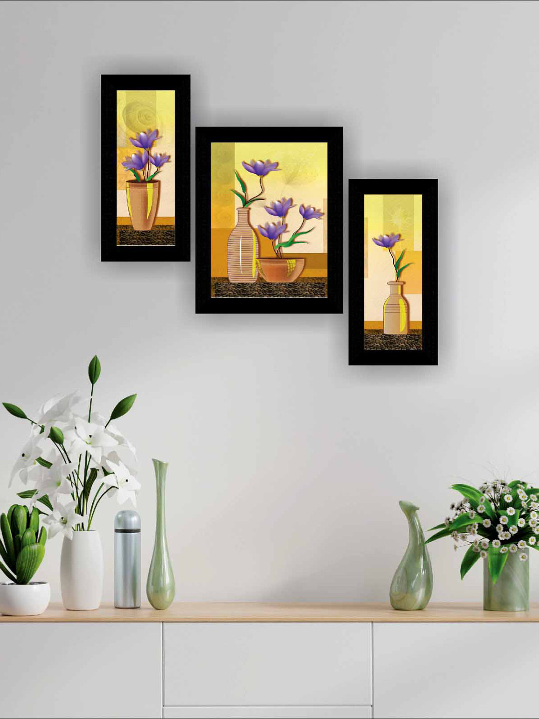 SAF Flowers Beige MDF 3 Pcs Wall Living Room Rectangle Paintings Wall Art -10.5 x 13.5In