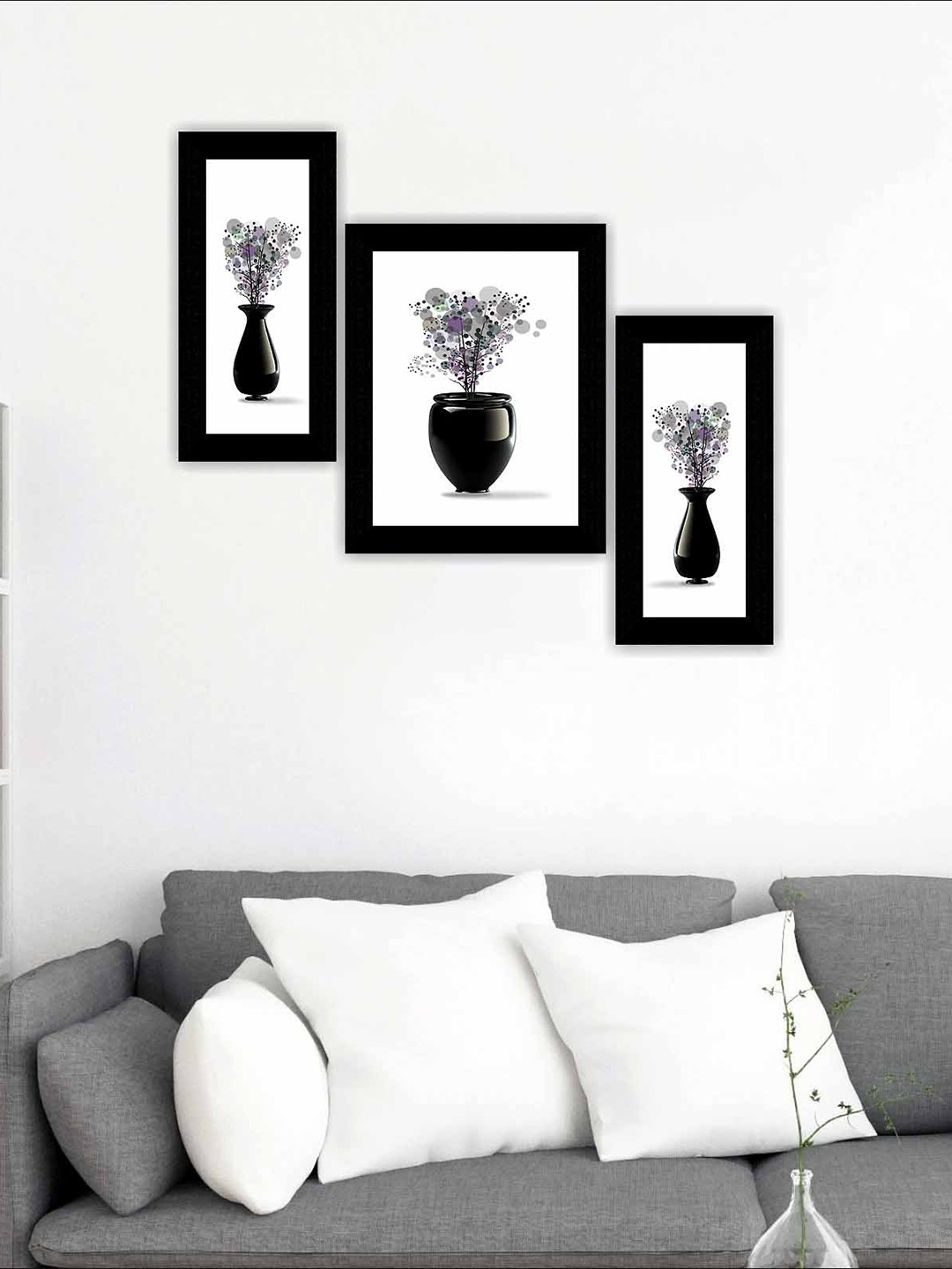 SAF White & Black 3 Pieces Flower Pot Modern Art Painting Wall Art