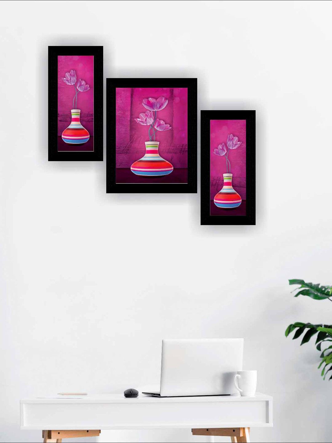 SAF Pink & Red Flowerpot Modern Art Framed Wall Painting