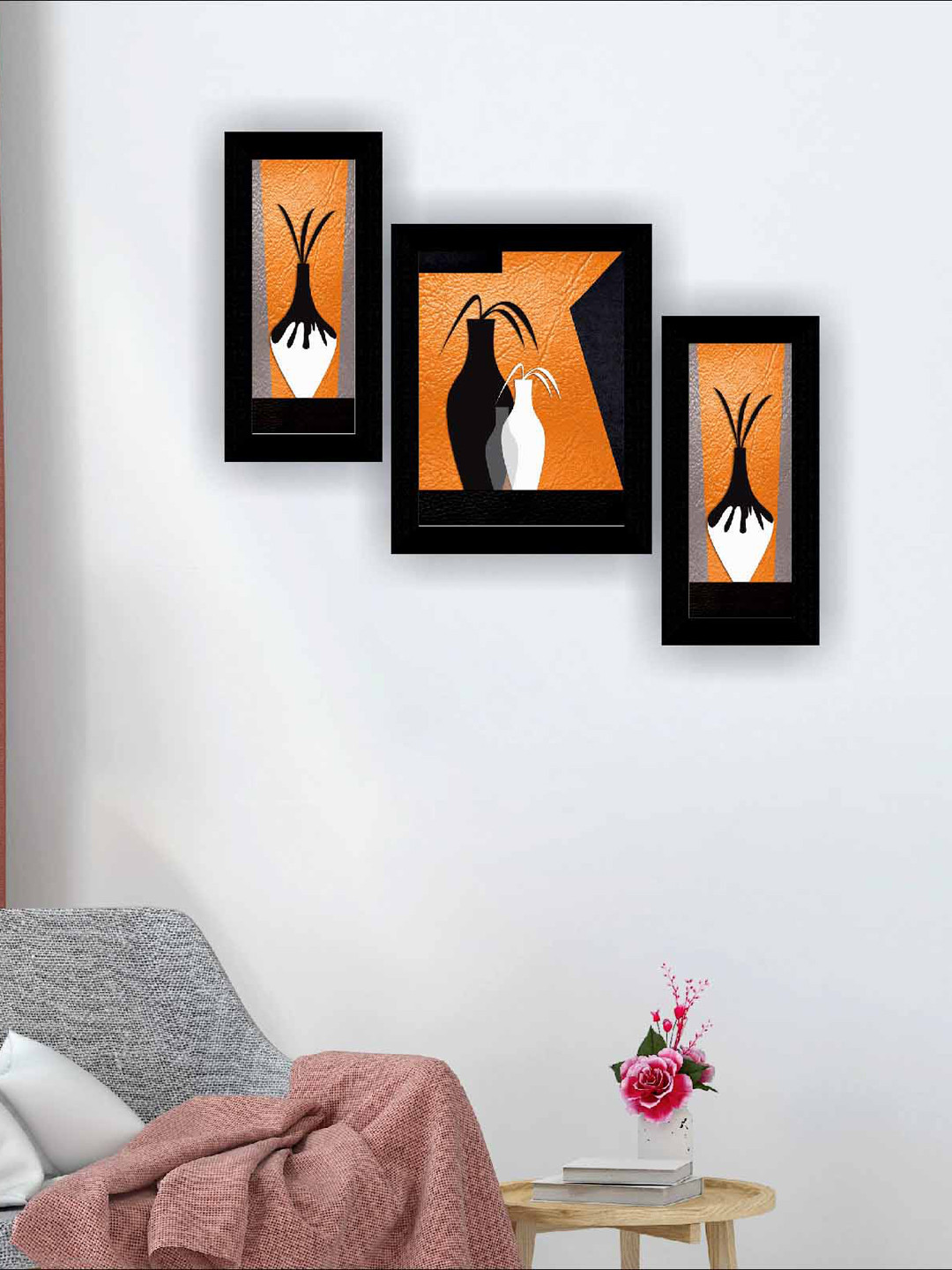 SAF Black & Orange-Colored 3 Pieces Flowerpot Modern Art Framed Wall Painting