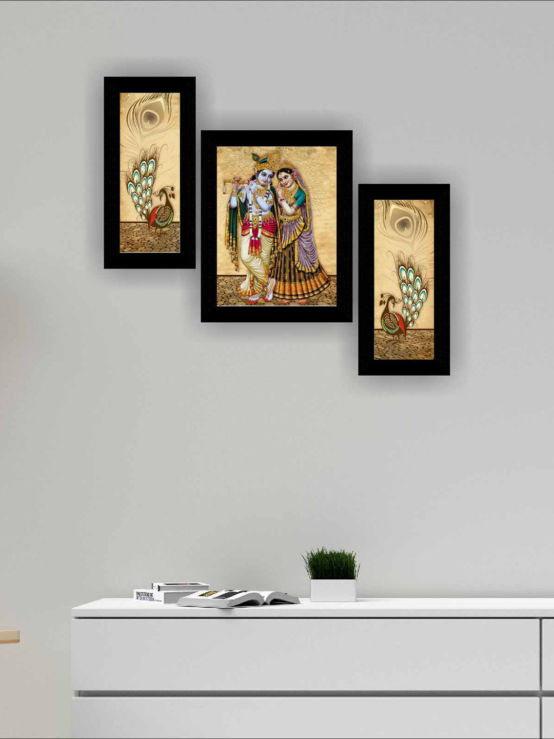 SAF Lord Krishna MDF 3 Pcs Wall Living Room Rectangle Paintings Wall Art -13.39 x 5.91In