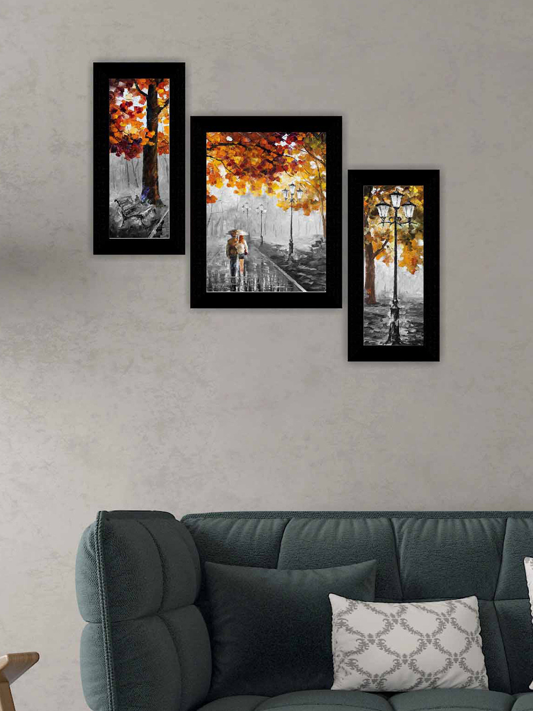 SAF Couple Walking MDF 3 Piece Wall Rectangle Paintings Wall Art