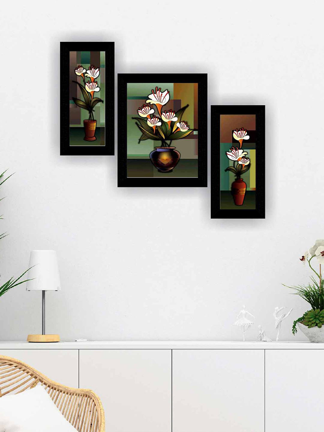 SAF Brown & Green 3 Pieces Flower Pot Modern Wall Art Painting