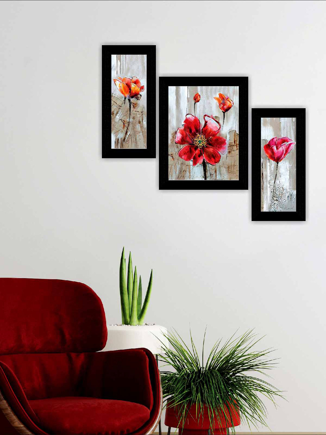 SAF Pink & Grey 3 Pieces Flower Modern Framed Painting Wall Art