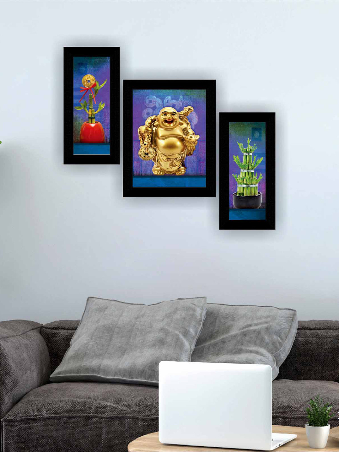 SAF Laughing Buddha MDF 3 Piece Wall Rectangle Paintings Wall Art