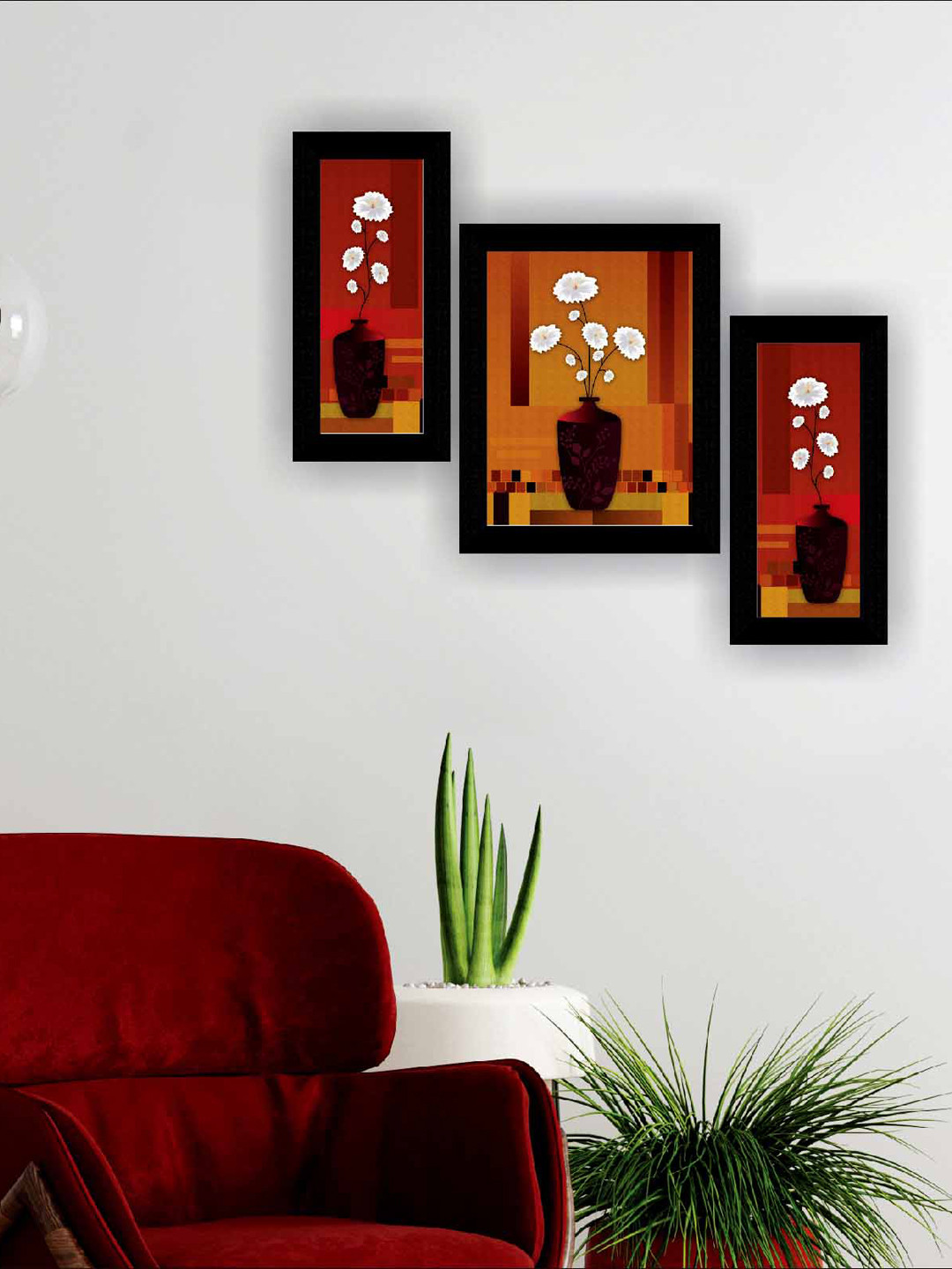 SAF Brown & White 3 Pieces Flower Pot Modern Wall Art Painting