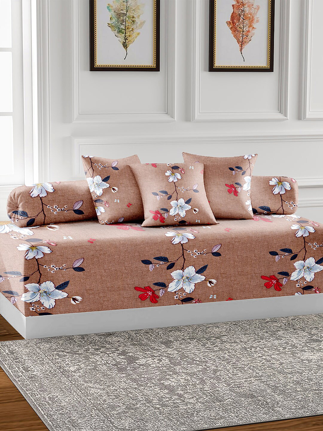AEROHAVEN Brown & Red 6 Pieces Printed Premium Glace Cotton 210TC Diwan Set