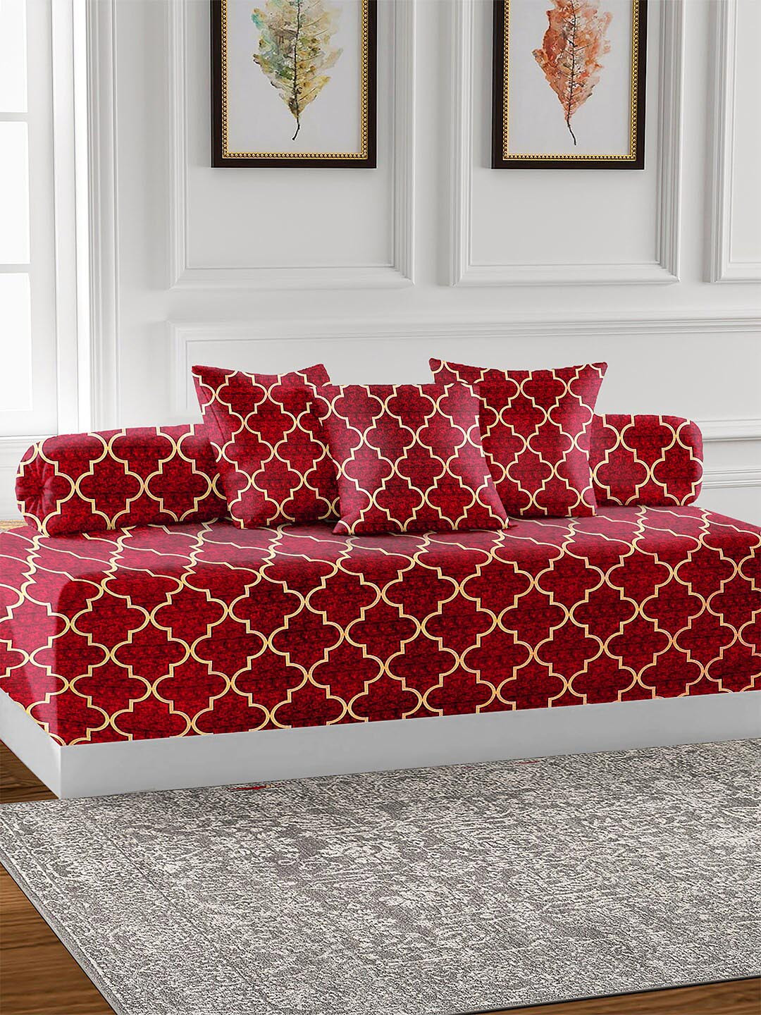 AEROHAVEN Red & White 6 Pieces Printed 210 TC Glace Cotton Diwan Set
