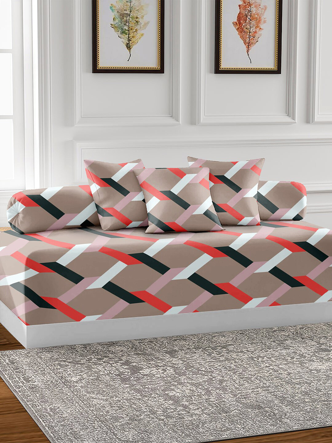 AEROHAVEN Brown and Red 6 Pieces Geometric Printed Cotton 210 TC Diwan Set