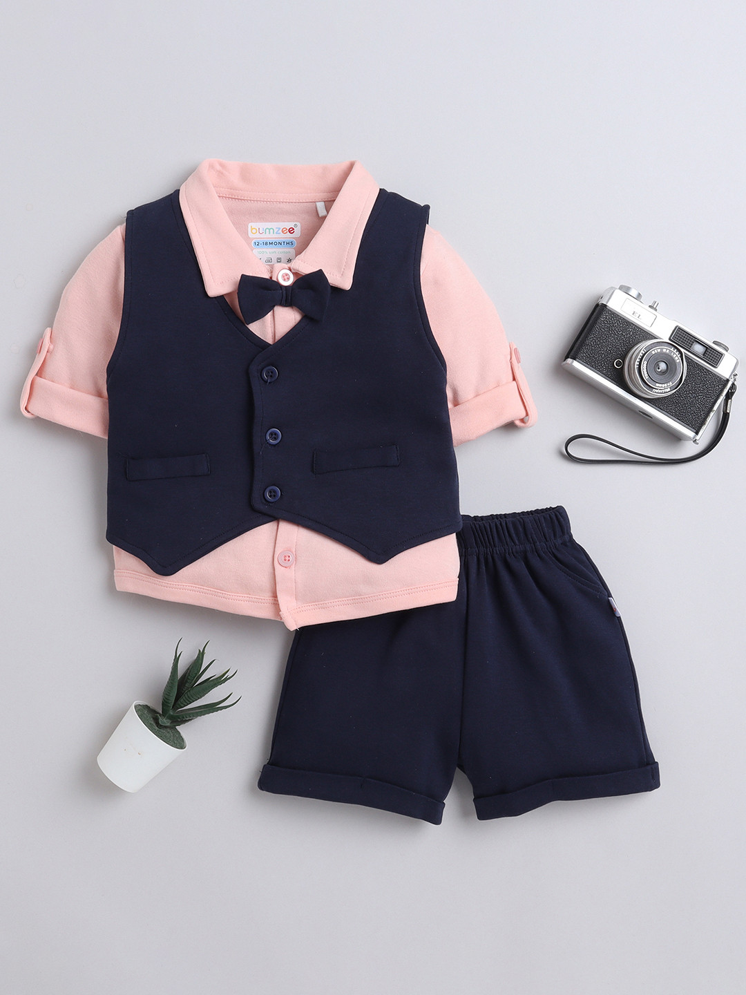 BUMZEE Infant Boys Pure Cotton Shirt With Shorts & Waistcoat