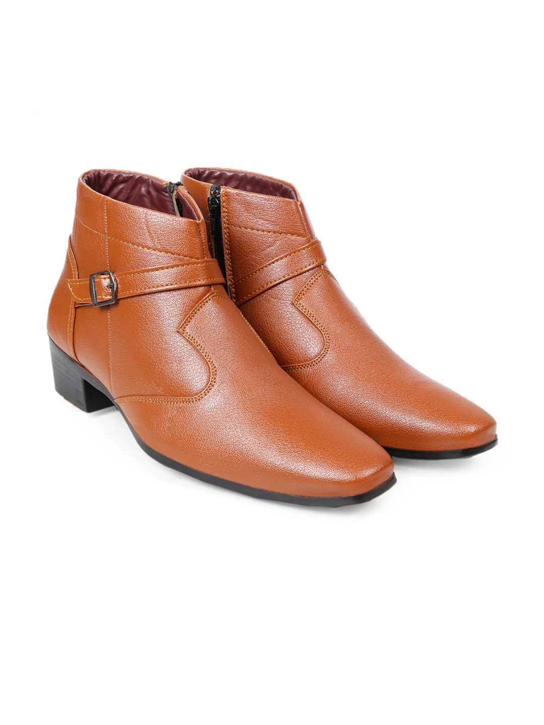 Bxxy Men Textured Mid Top Height Increasing Formal Boots With Buckle Detail