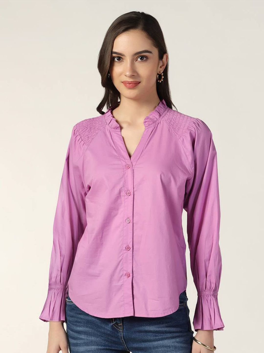 Beatnik Mandarin Collar Puffed Sleeves Cotton Shirt Style Top