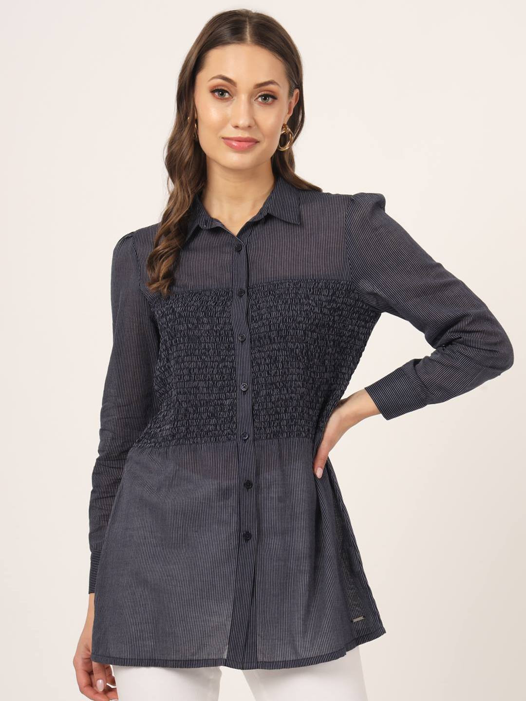 Beatnik Striped Smocked Puff Sleeves Cotton Casual Shirt