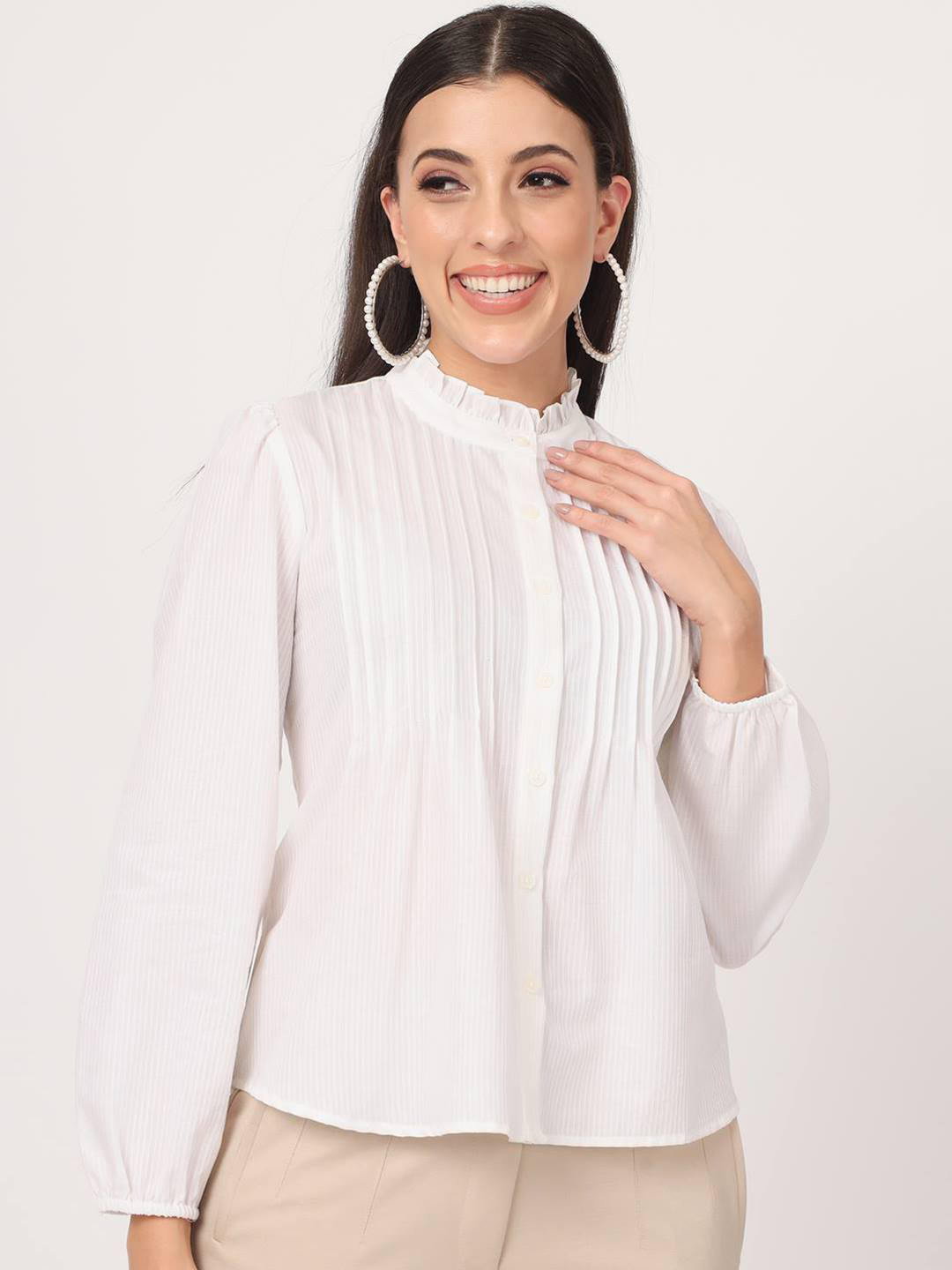 Beatnik  Mandarin Collar Puffed Sleeves Satin Shirt Style Top