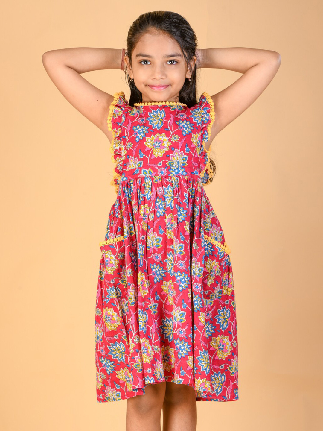 Kids On Board Girls Floral Printed Flutter Sleeves Ruffled Fit & Flare Dress