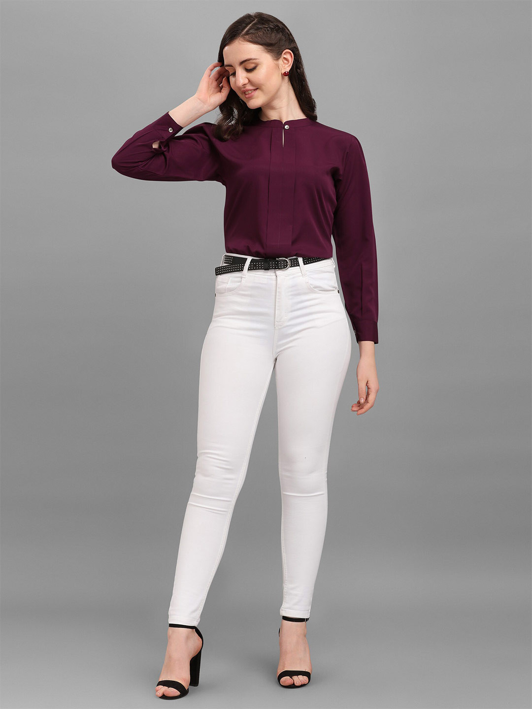 Kinjo Mandarin Collar Cuffed Sleeves Shirt Style Top
