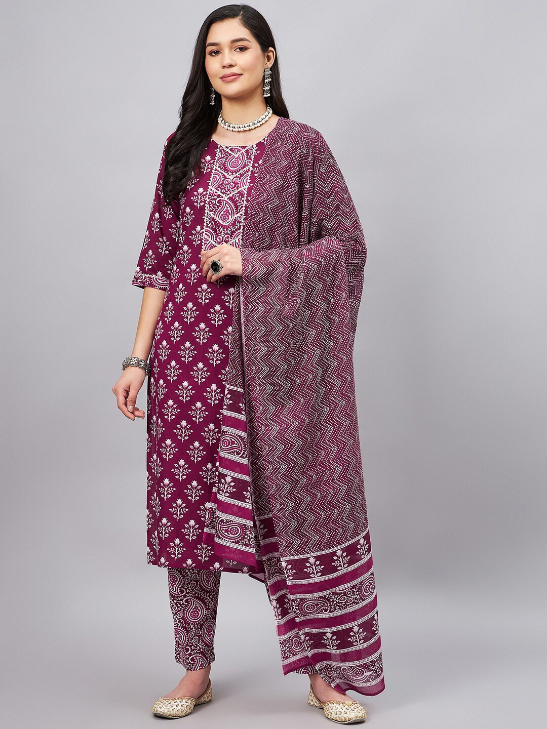 WineRed Floral Printed Gotta Patti Pure Cotton Kurta With Palazzos & Dupatta