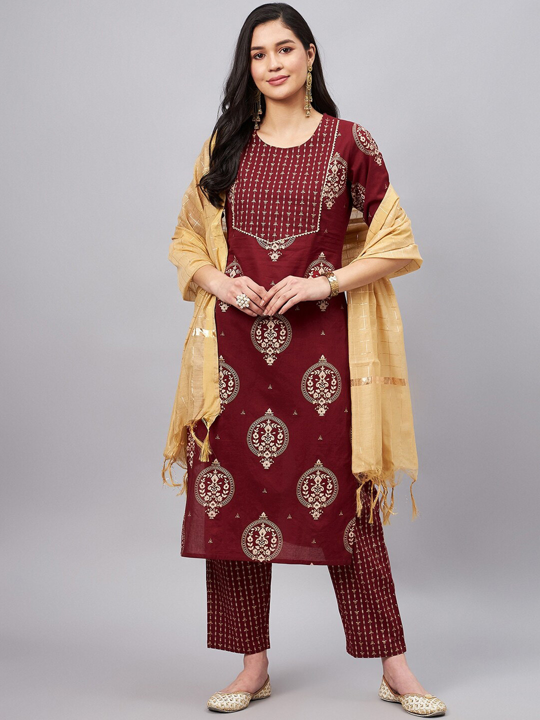 WineRed Floral Printed Gotta Patti Pure Cotton Kurta With Palazzos & Dupatta