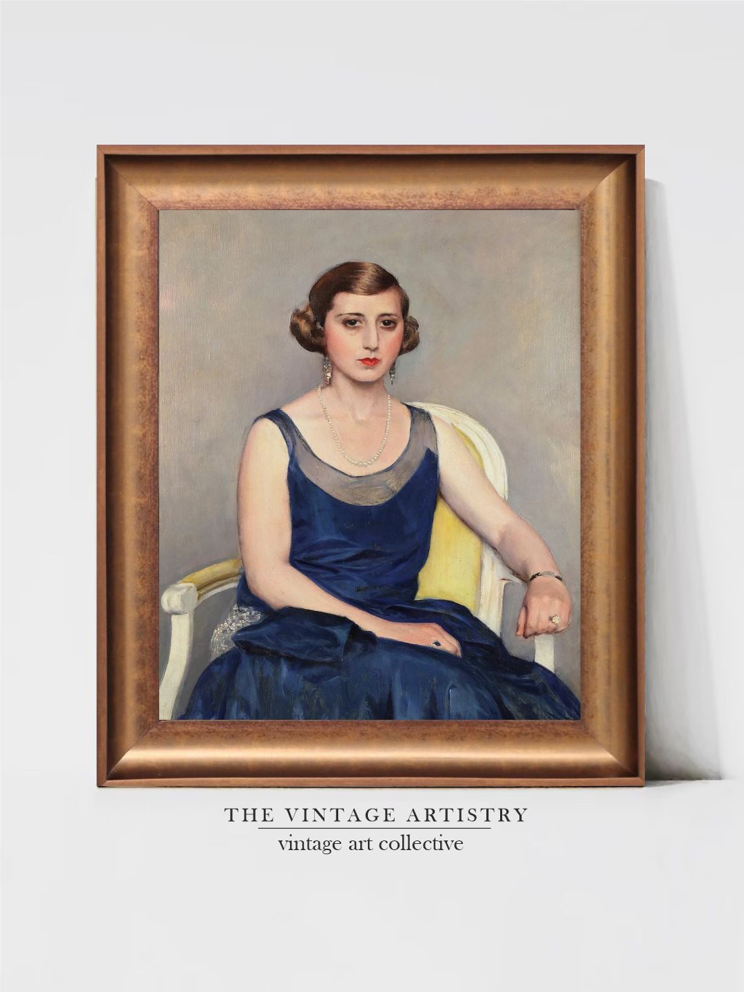 THE VINTAGE ARTISTRY Grey & Navy Blue Portrait Wall Painting