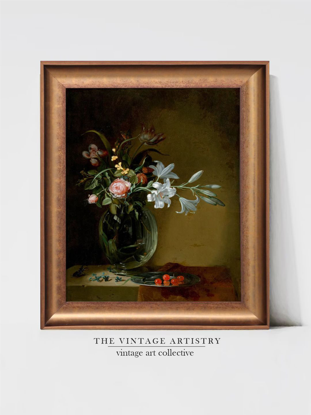 THE VINTAGE ARTISTRY Beige & Green Floral Still Life Painted Wall Art