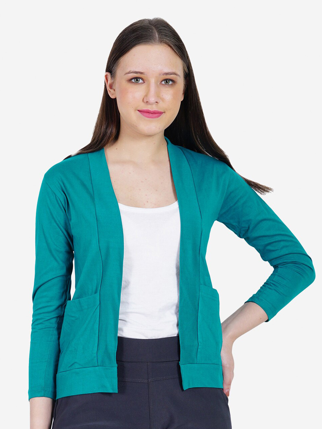 TEEMOODS Women Open Front Pocket Detailing Cotton Shrug