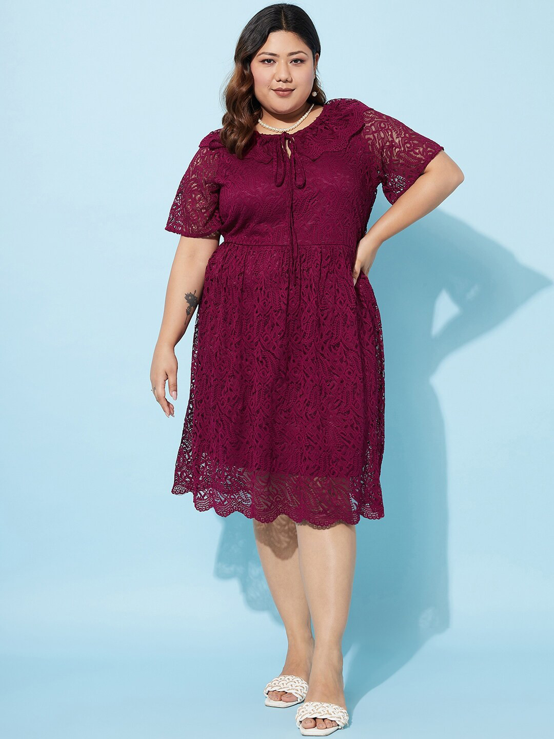 Athena Ample Plus Size Tie-Up Neck Lace Fit & Flare Dress