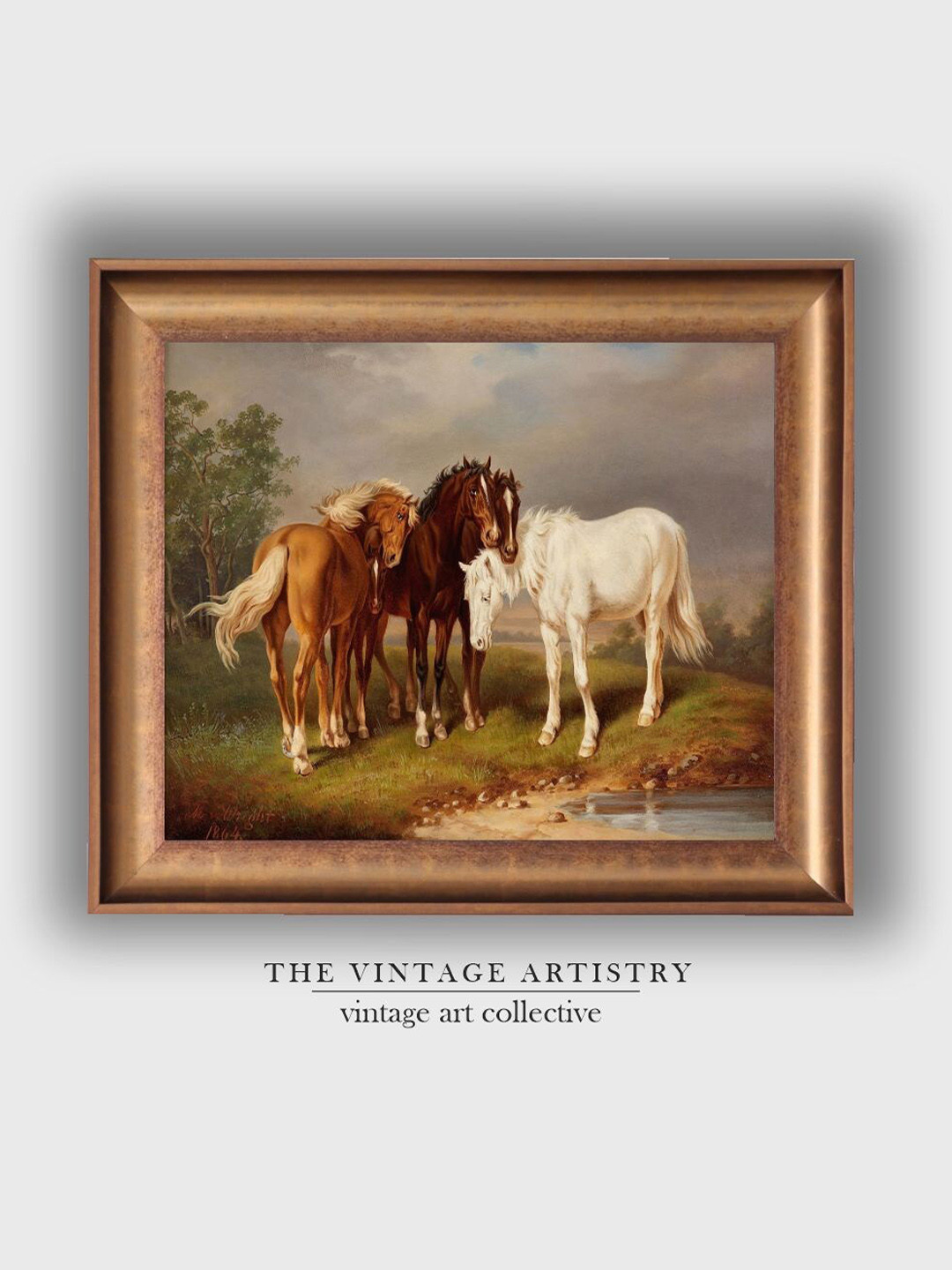THE VINTAGE ARTISTRY Green & Brown Vintage Painting of A Group of Horses Framed Wall Art