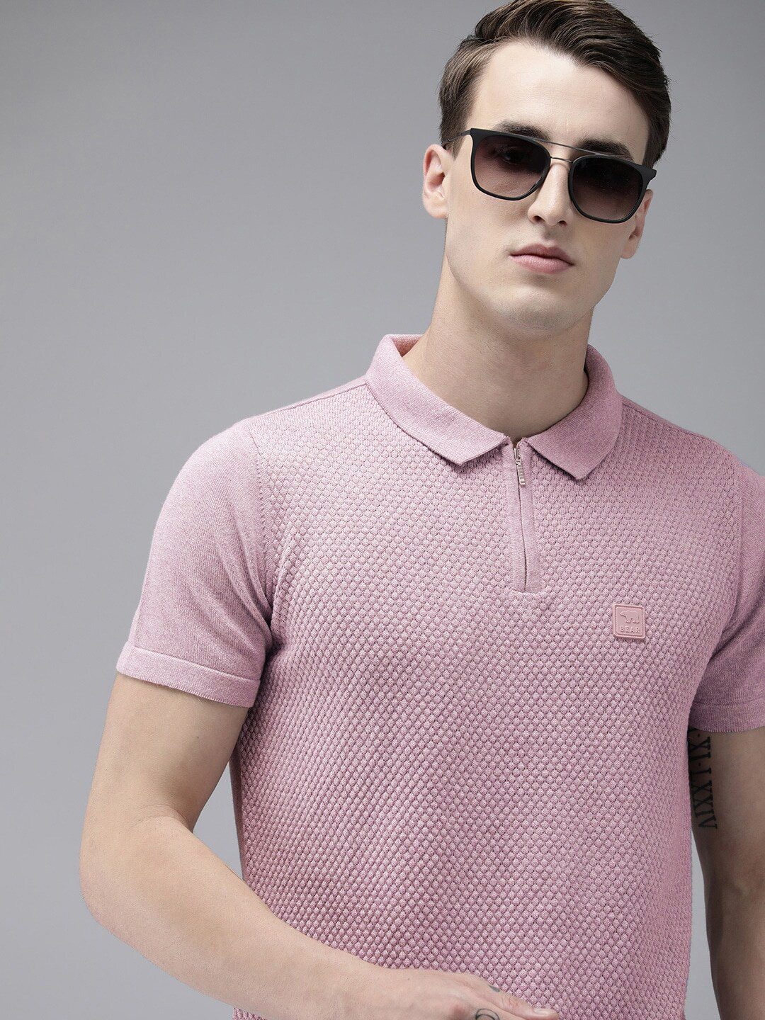 THE BEAR HOUSE Self Design Polo Collar Slim Fit T-shirt