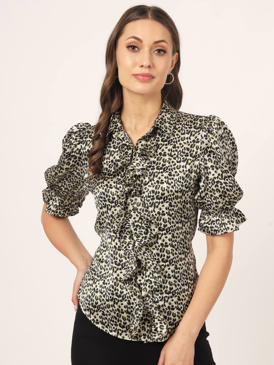 Beatnik Animal Printed Puff Sleeves Ruffles Satin Shirt Style Top