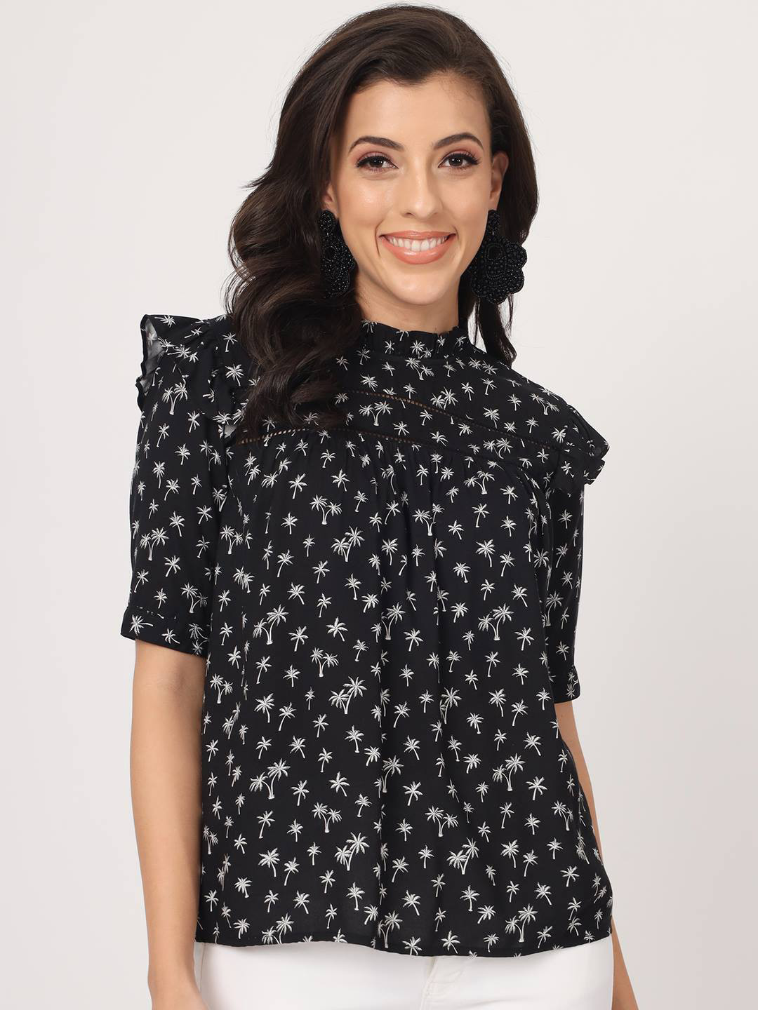 Beatnik Tropical Printed High Neck Layered Top