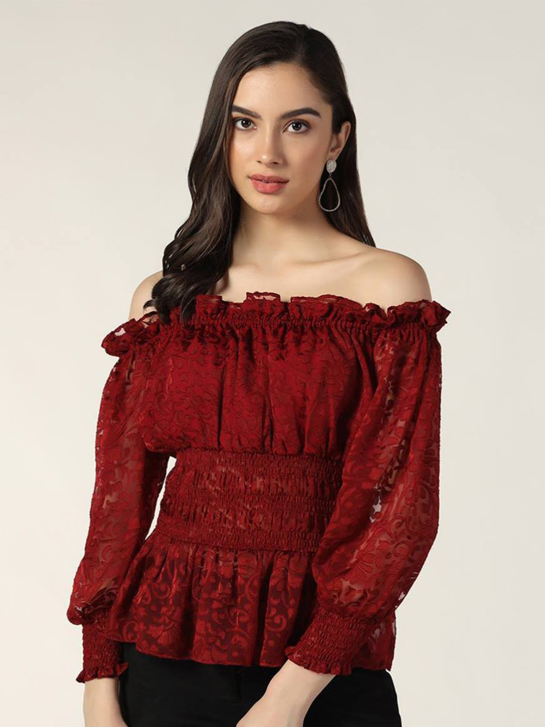 Beatnik Maroon Off-Shoulder Puff Sleeve Bardot Top