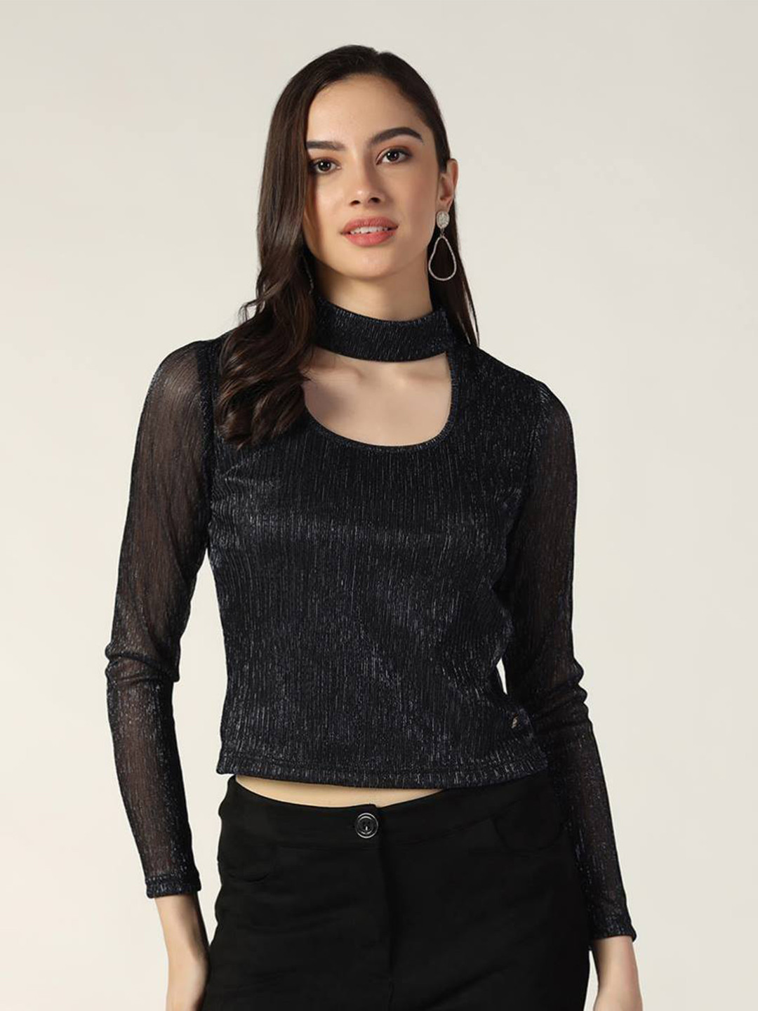 Beatnik Striped Shimmer Cut-Out Neck Top