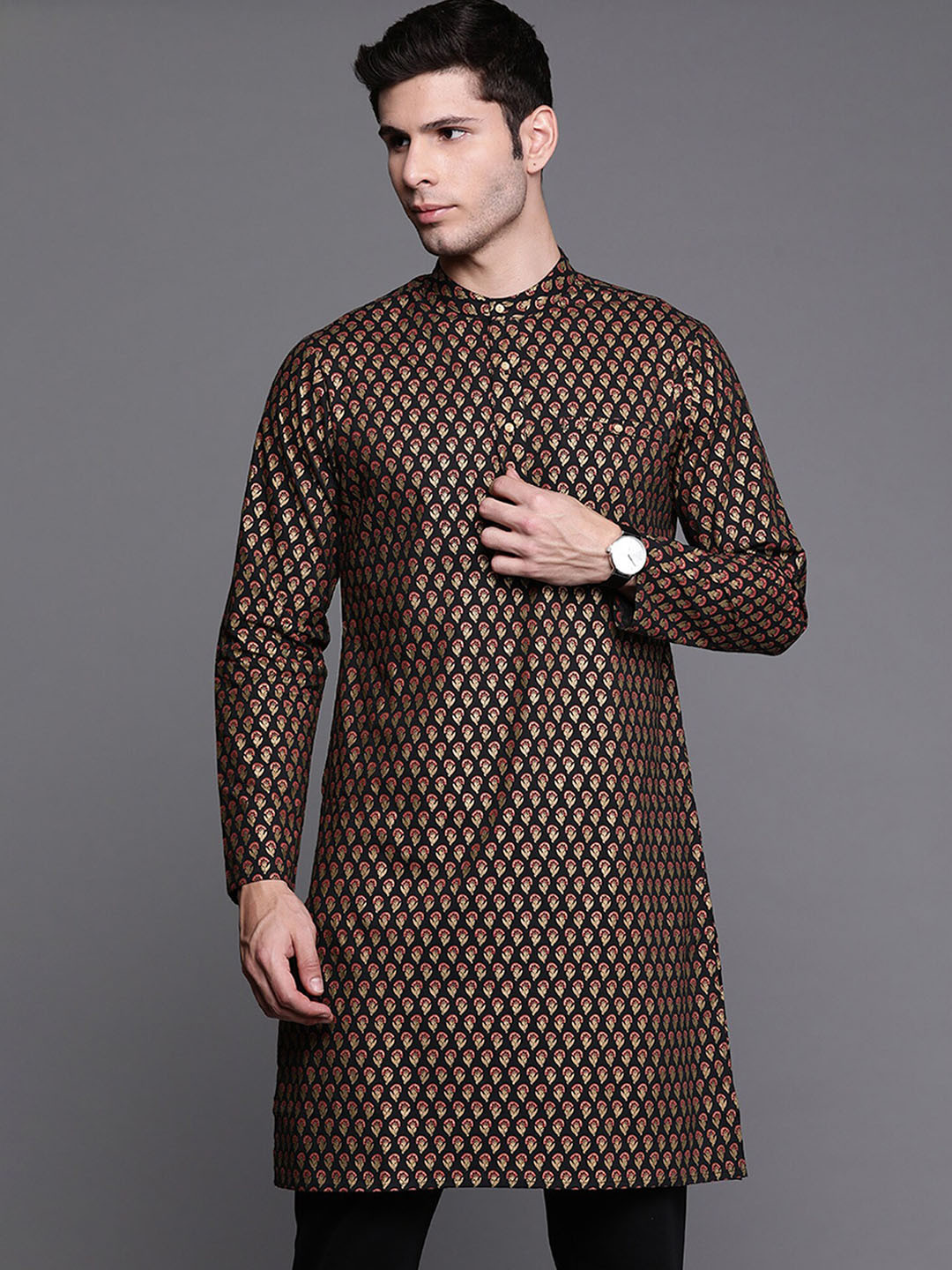 Indo Era Mandarin Collar Ethnic Motifs Printed Cotton Kurta