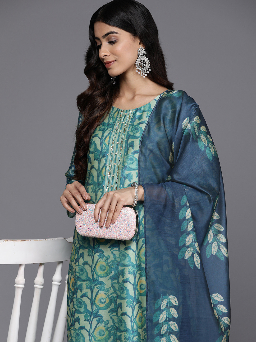 Varanga Sea Green Floral Printed Hand work Kurta with Trousers & Dupatta